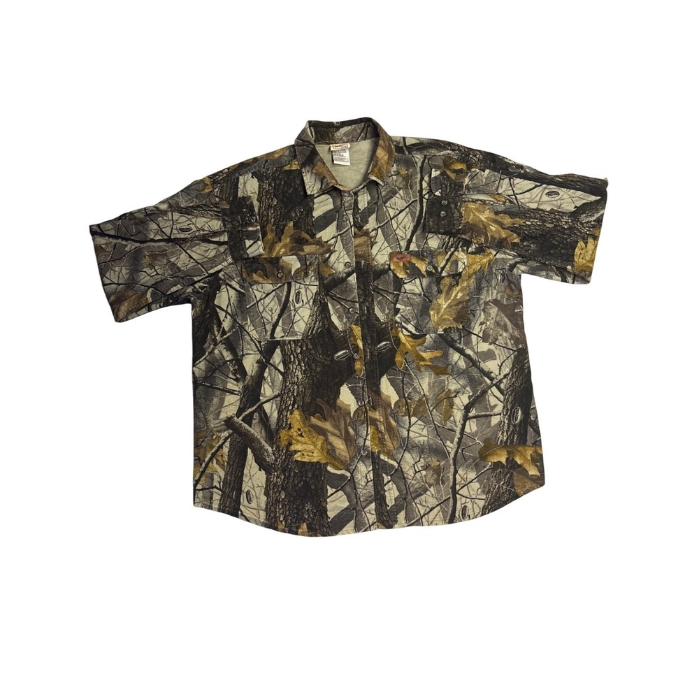Woolrich Outdoor Camo Button Down Shirt XL Brown Hardwood Hunting Long Sleeve